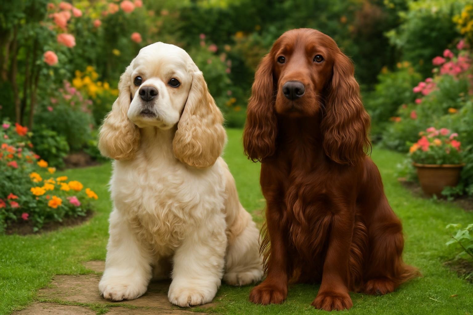 American and english cocker spaniel in a garden
