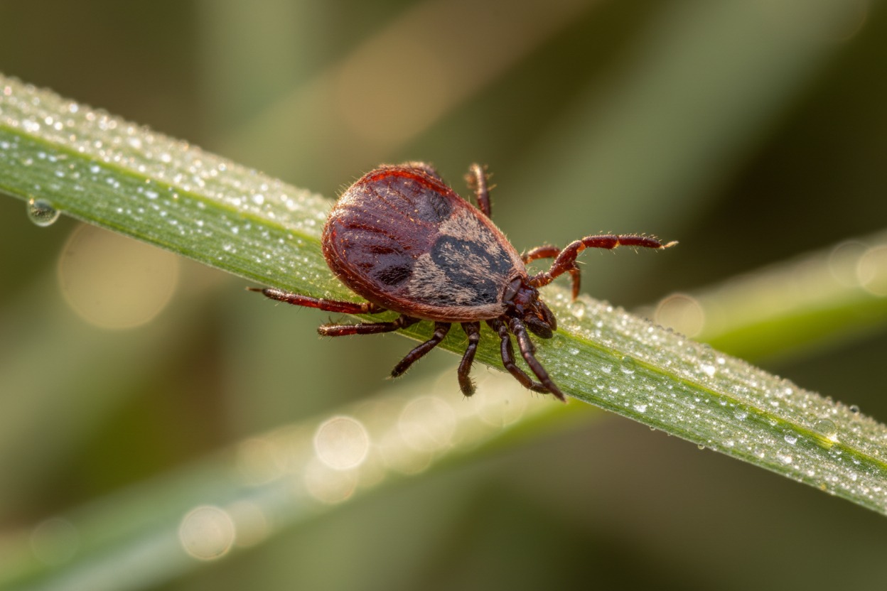 A tick crawls along a dew-covered blade of grass.