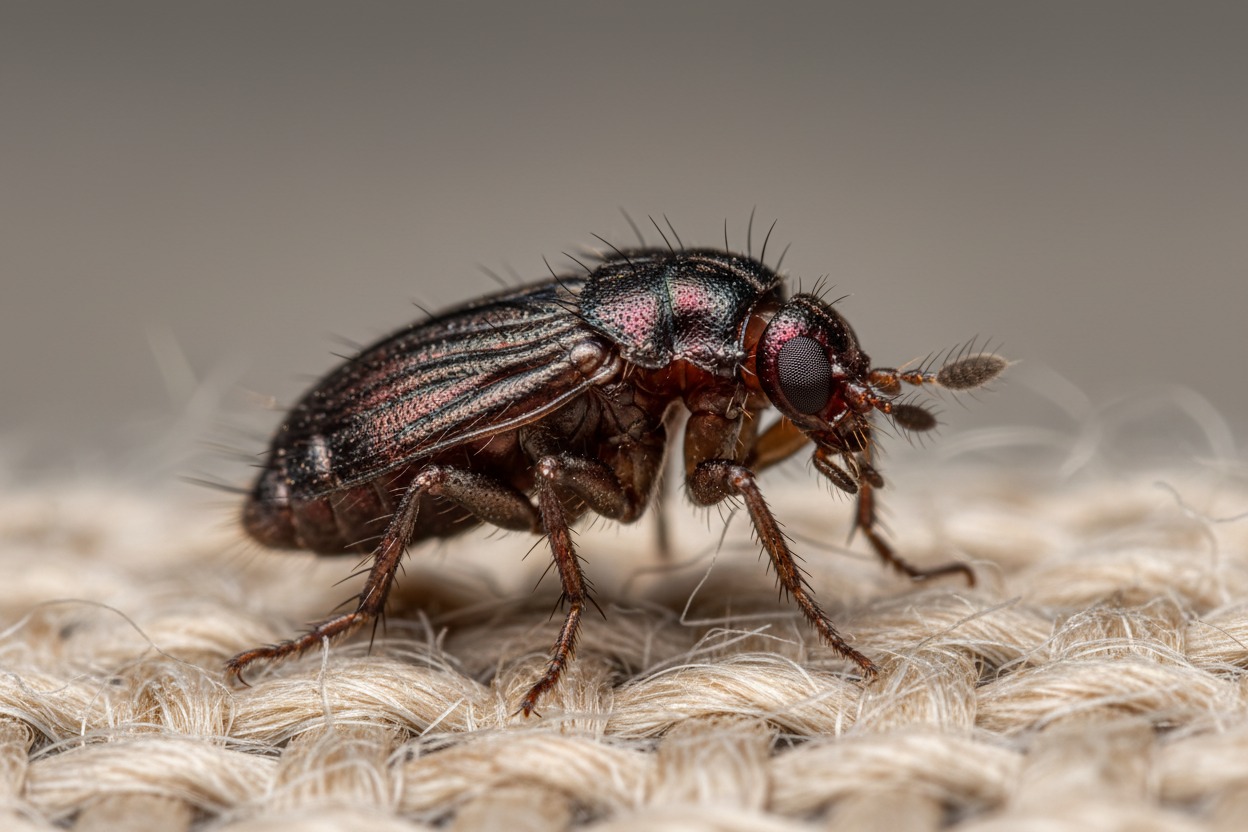 A close-up view of a dark, hairy beetle standing on a textured, woven fabric surface.