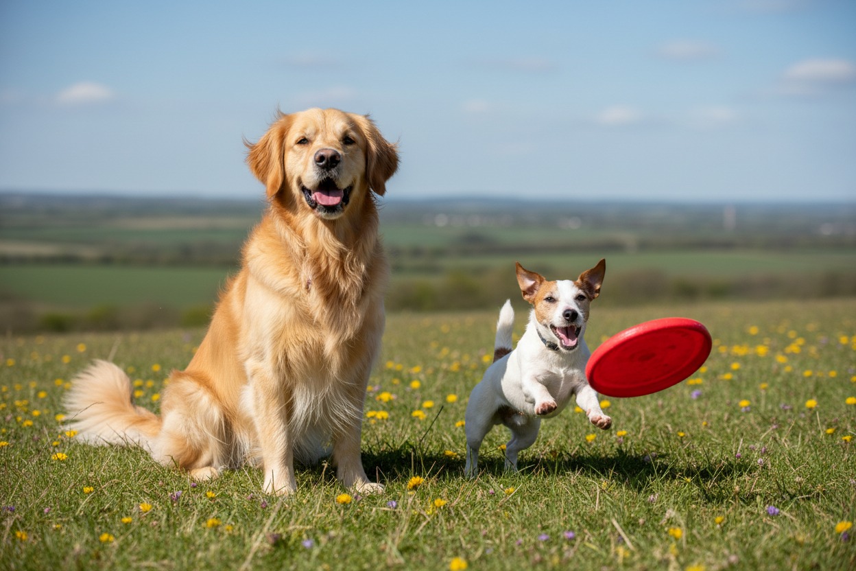 A golden retriever sits in a grassy field next to a small dog jumping to catch a red flying disc.