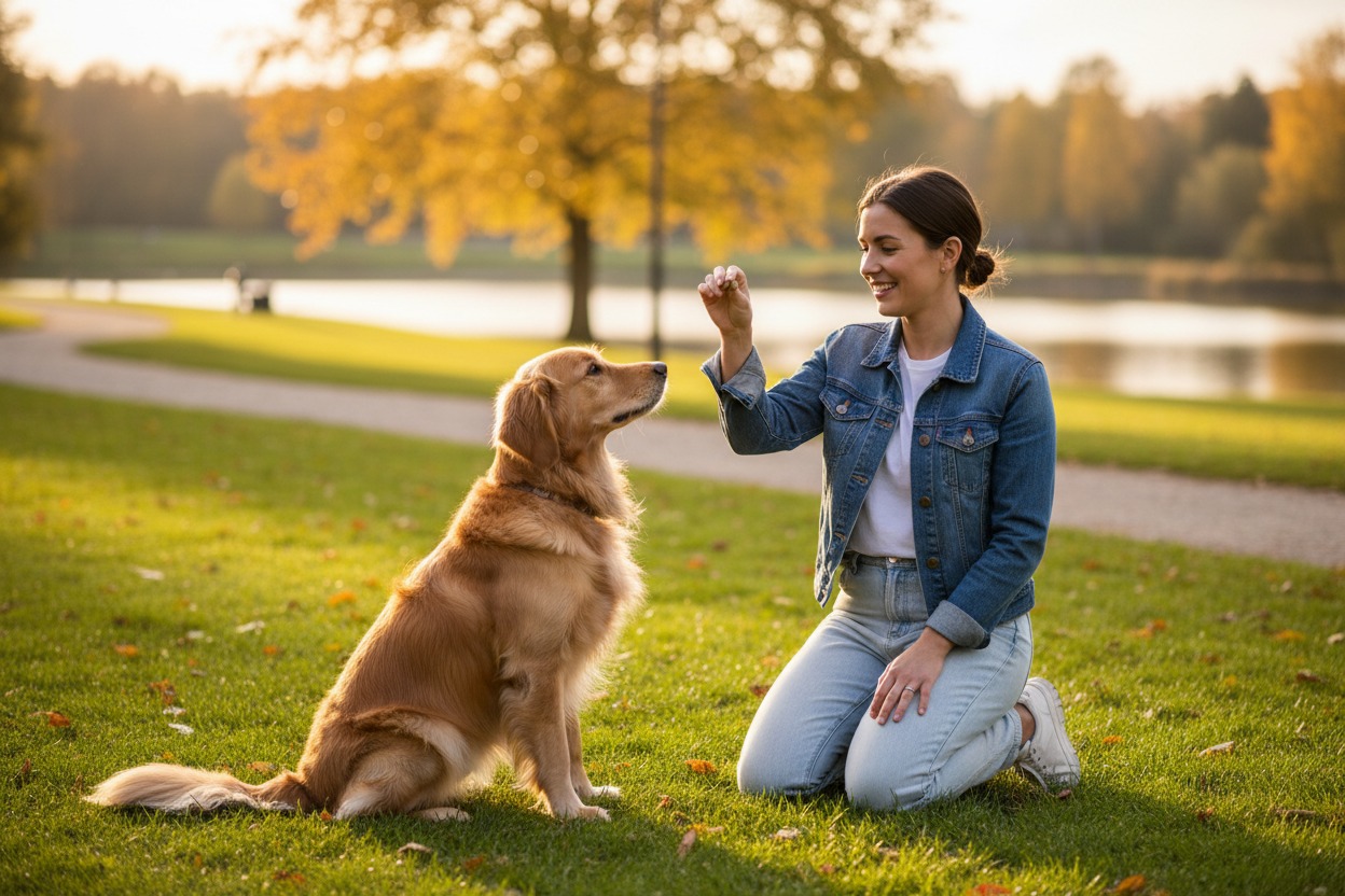A woman kneels in a grassy park at sunset, holding a treat out for her golden retriever to eat.