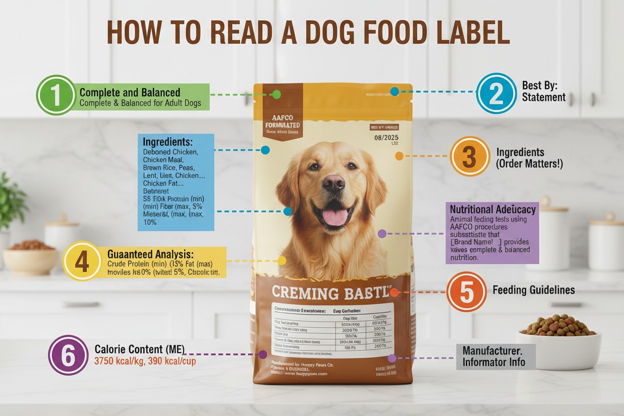 An infographic showing a bag of dog food labeled with numbers one through six, pointing out key sections such as the AAFCO statement, ingredients list, guaranteed analysis, and feeding guidelines.