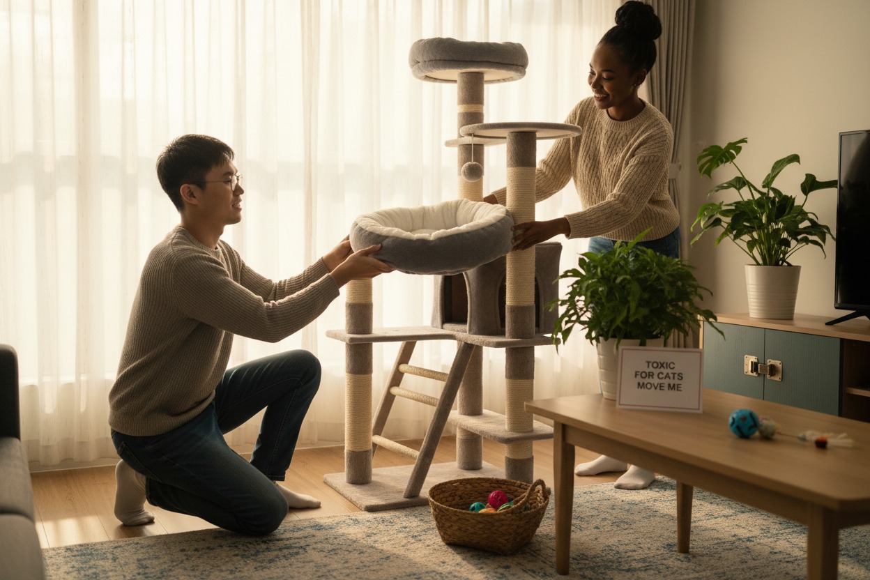 A smiling man and woman assemble a multi-tiered gray and white cat tree in a brightly lit living room.