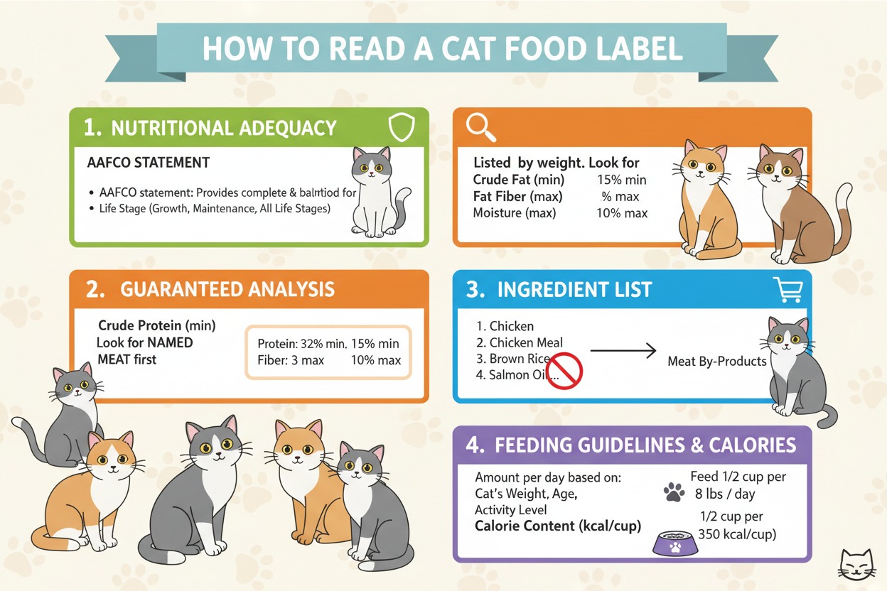 An infographic explains how to read a cat food label across four sections covering nutritional adequacy, guaranteed analysis, ingredient lists, and feeding guidelines.