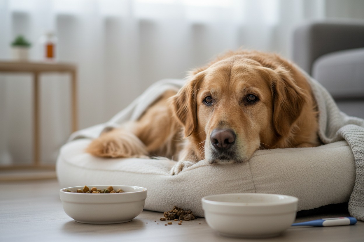 A golden retriever lies under a blanket in a dog bed with two bowls of food on the floor nearby.