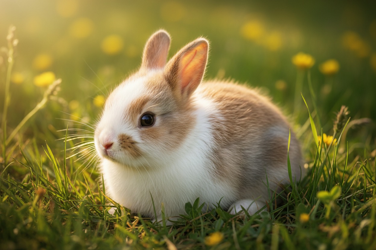 A small brown and white bunny sits alert in a green grassy field dotted with yellow wildflowers.