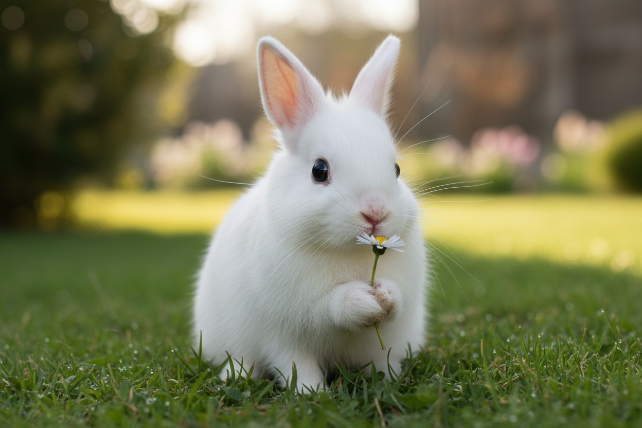 A small white rabbit holds a single white daisy in its paws while sitting on green grass.