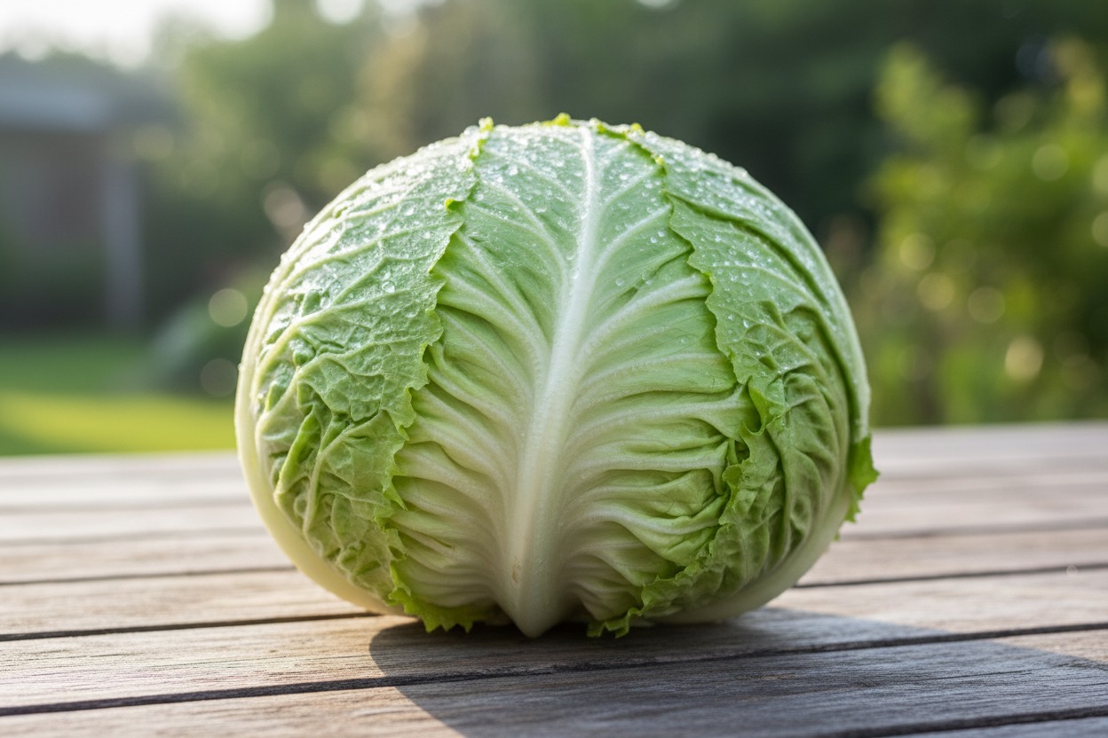 A fresh head of napa cabbage covered in water droplets rests on a wooden table outdoors.