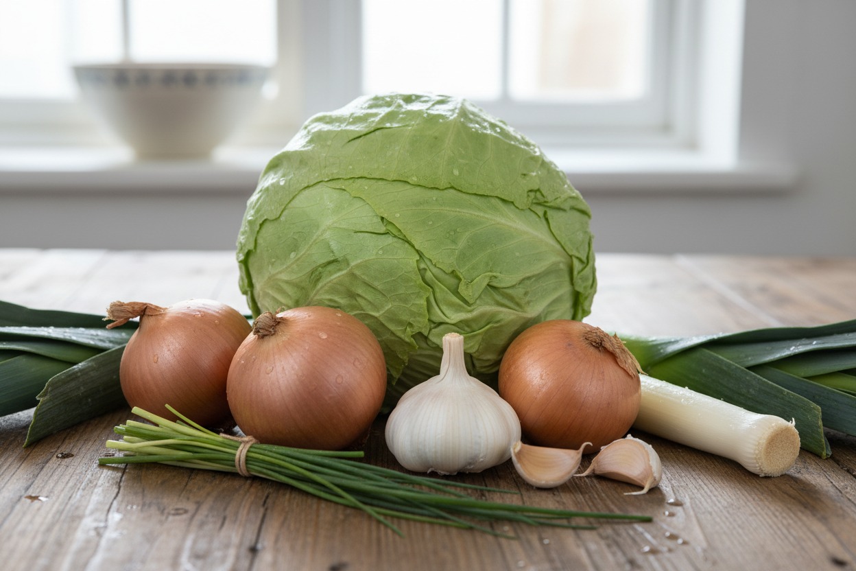 A large head of cabbage, three onions, a bulb of garlic with cloves, chives, and leeks are arranged on a wooden table.