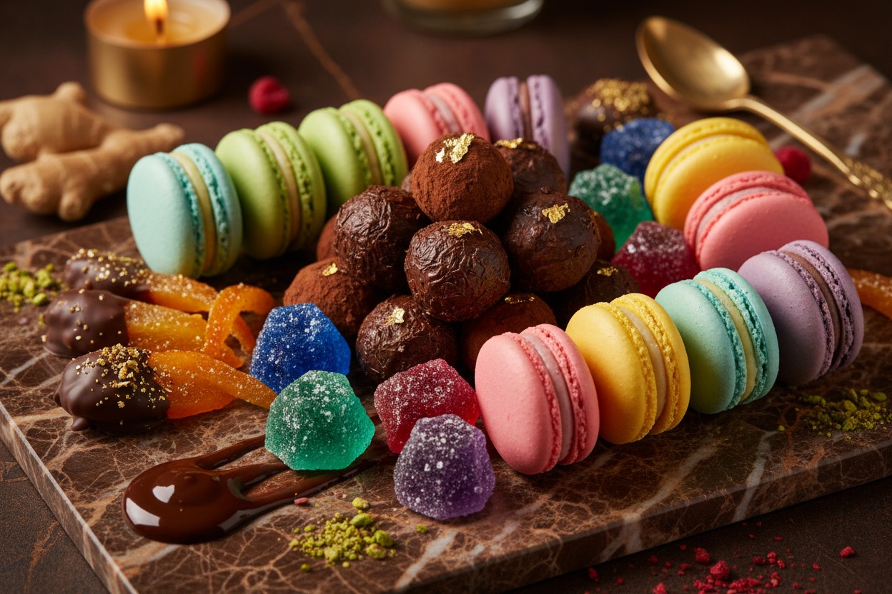 A marble board holds a rich assortment of colorful French macarons, chocolate truffles, and fruit jellies dusted with sugar.