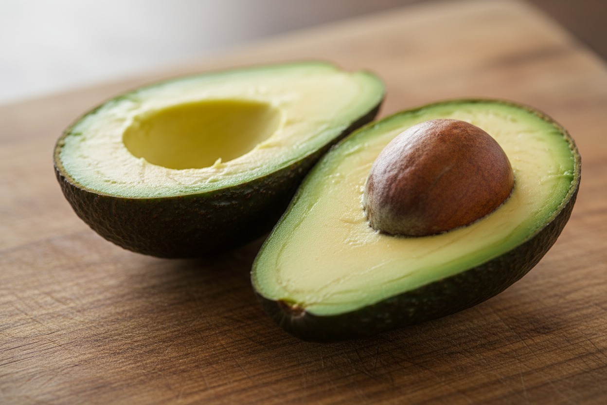 An avocado cut in half, revealing its pit, rests on a wooden cutting board.