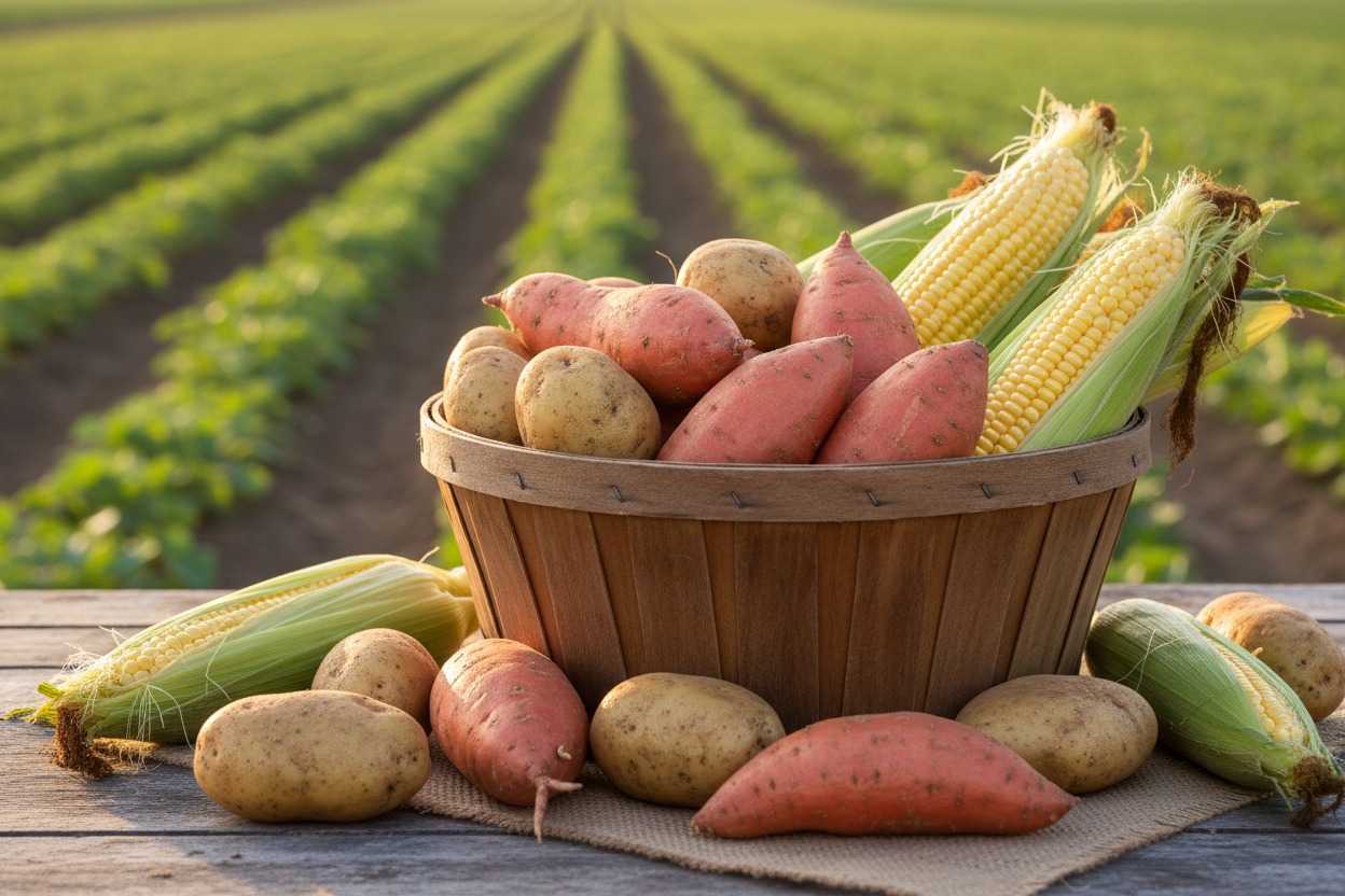 A wooden basket filled with sweet potatoes, regular potatoes, and ears of corn sits on a wooden table outdoors with a crop field in the background.