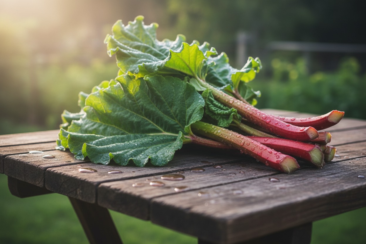 Freshly harvested rhubarb stalks with large green leaves rest on a wet wooden table outdoors.