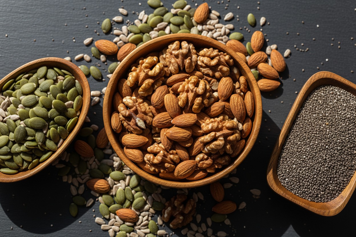 Three wooden bowls filled with pumpkin seeds, a mix of almonds and walnuts, and chia seeds sit on a dark slate surface scattered with extra seeds and nuts.