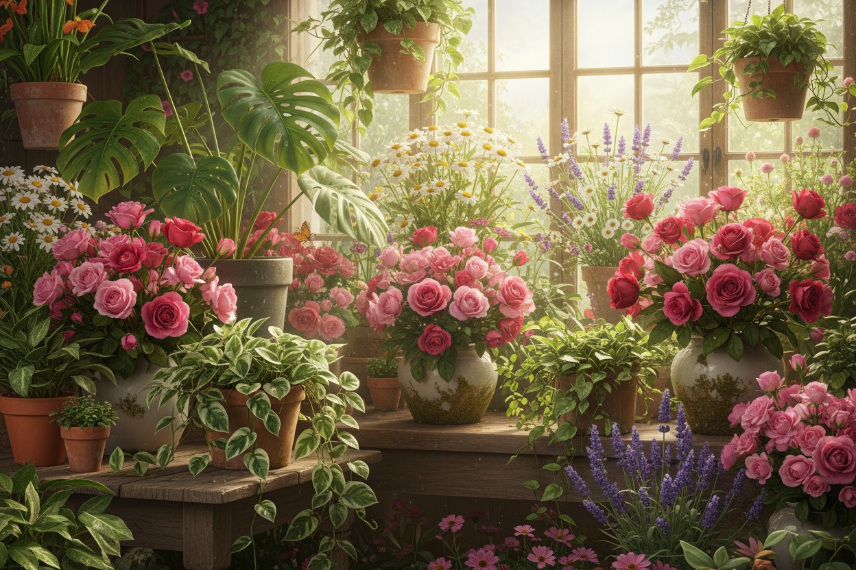 Sunlight streams through large windows into a greenhouse filled with potted plants, including vibrant pink roses, white daisies, and trailing green vines on wooden shelves.