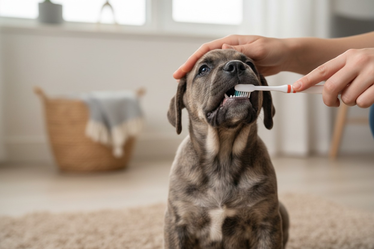 A person gently brushes the teeth of a brindle puppy with a small toothbrush.