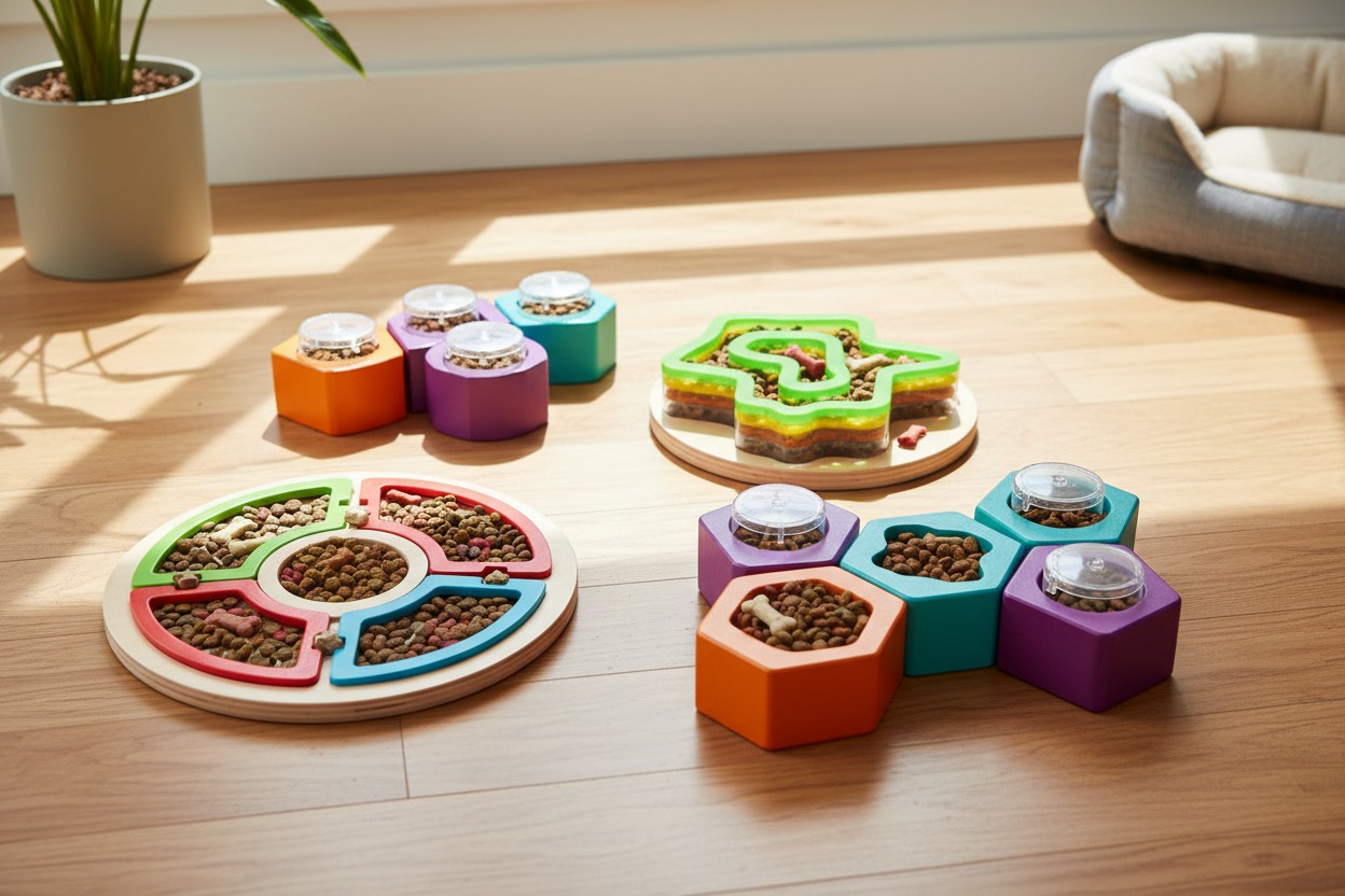 Four colorful, modular dog puzzle toys filled with kibble and treats are arranged on a wooden floor.