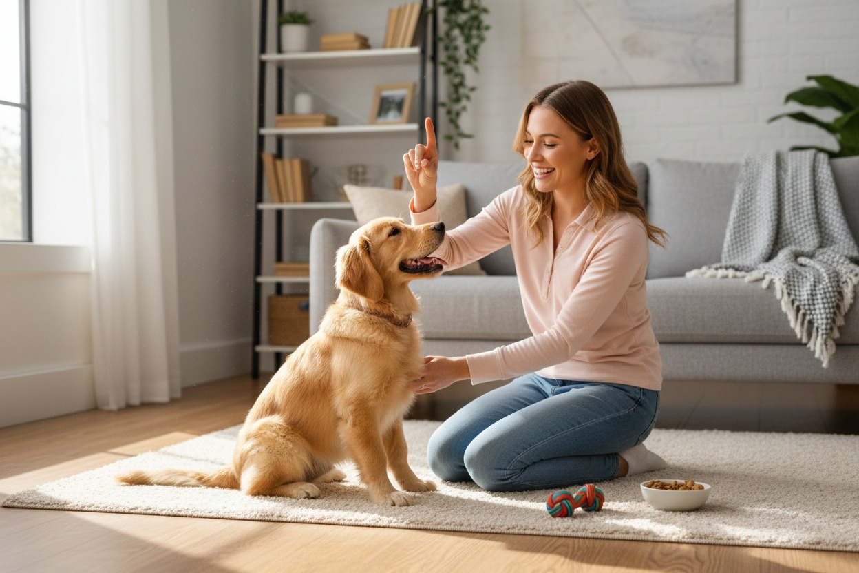A smiling woman kneels on a living room rug while training her golden retriever puppy, holding her index finger up.