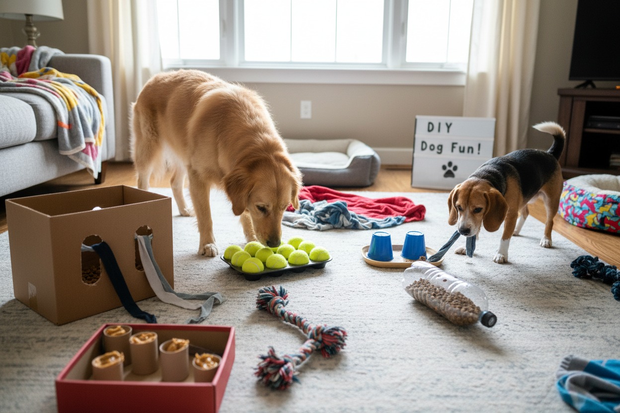 A golden retriever and a beagle play with DIY enrichment toys scattered on a living room rug.