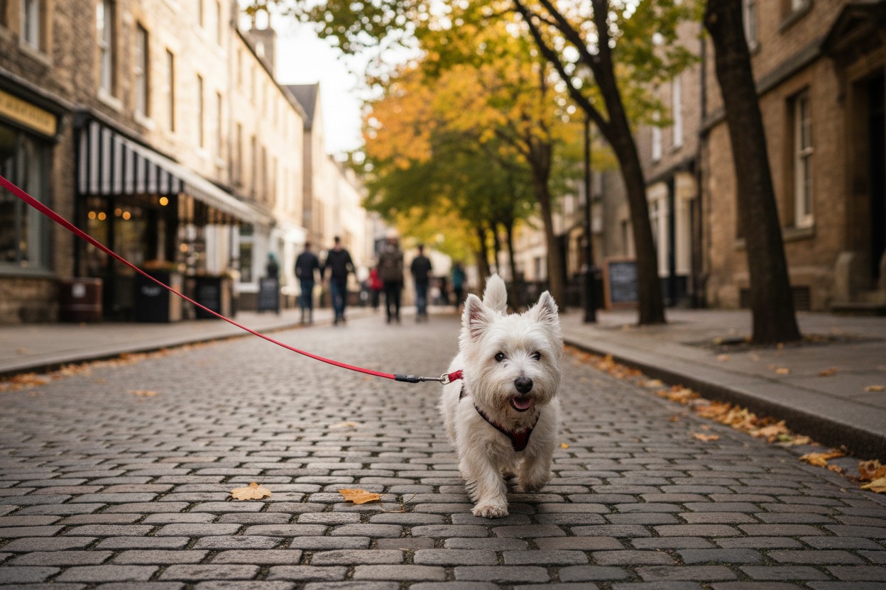 A white West Highland White Terrier walks on a cobblestone street, tethered to a red leash held out of frame.