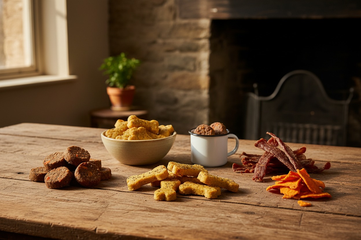 Various types of dog treats and chews are arranged on a rustic wooden table in a well-lit room.