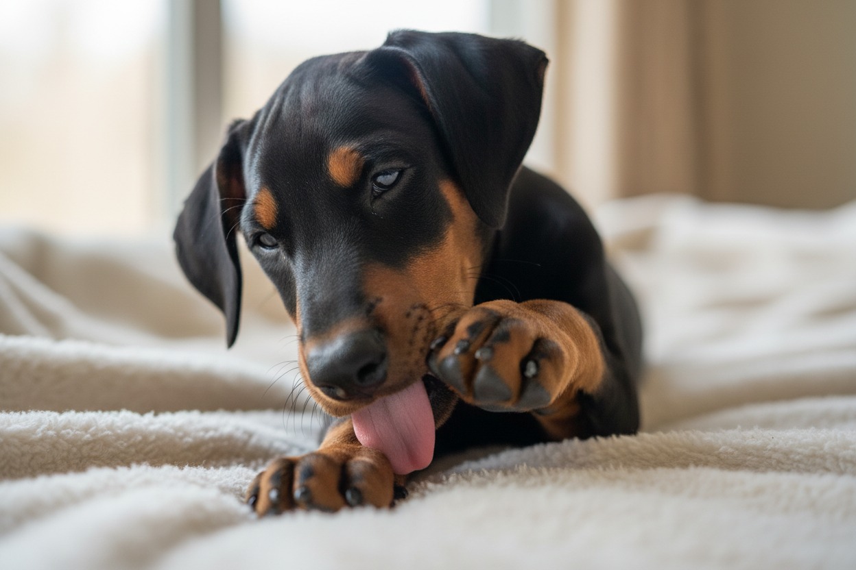 A black and tan Doberman Pinscher puppy lies on a soft white blanket, licking its paw.