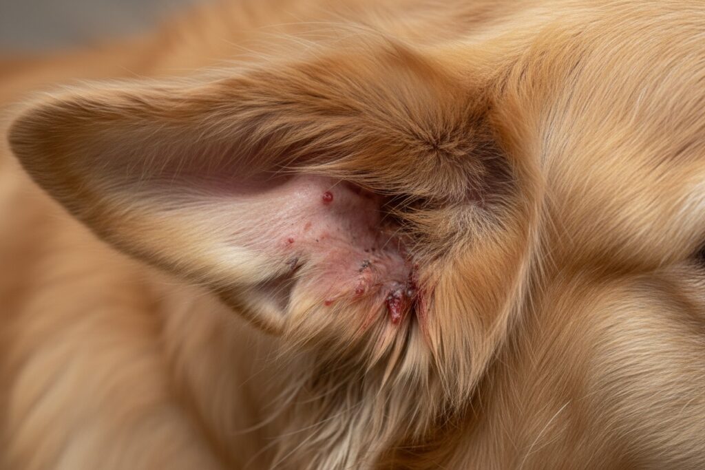 Close-up of a golden retriever's ear showing red, irritated skin and small sores.