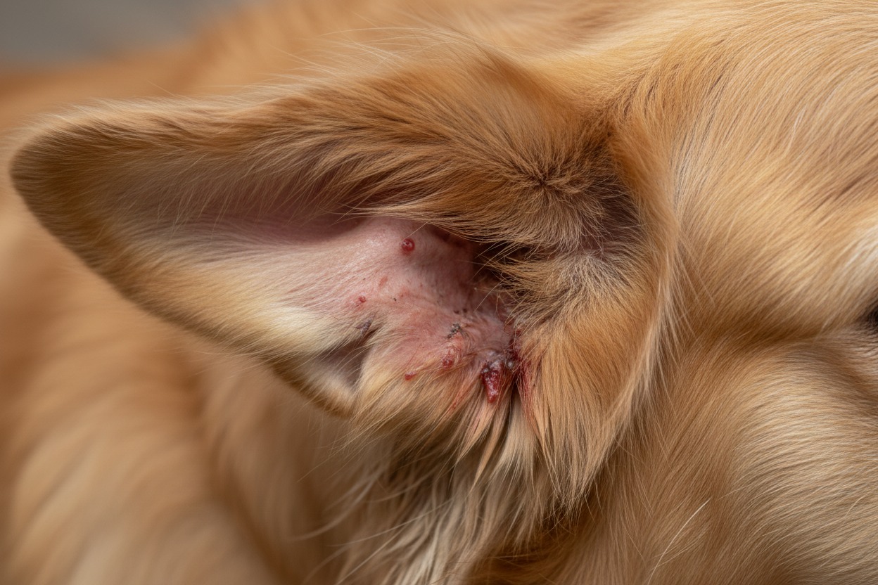 Close-up of a golden retriever's ear showing red, irritated skin and small sores.
