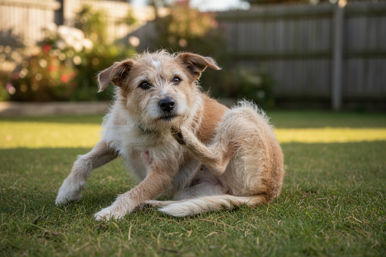 A scruffy terrier mix dog sits on a lawn, scratching its neck with its hind leg.