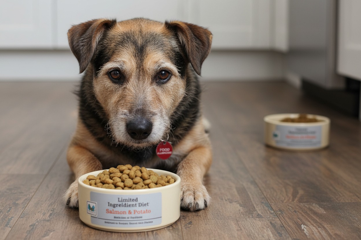A brown and black mixed-breed dog lies on a wooden floor behind a bowl of dry dog food labeled "Limited Ingredient Diet Salmon & Potato."