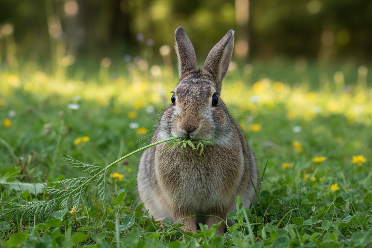 A small brown rabbit sits in a grassy field nibbling on a long green stem.