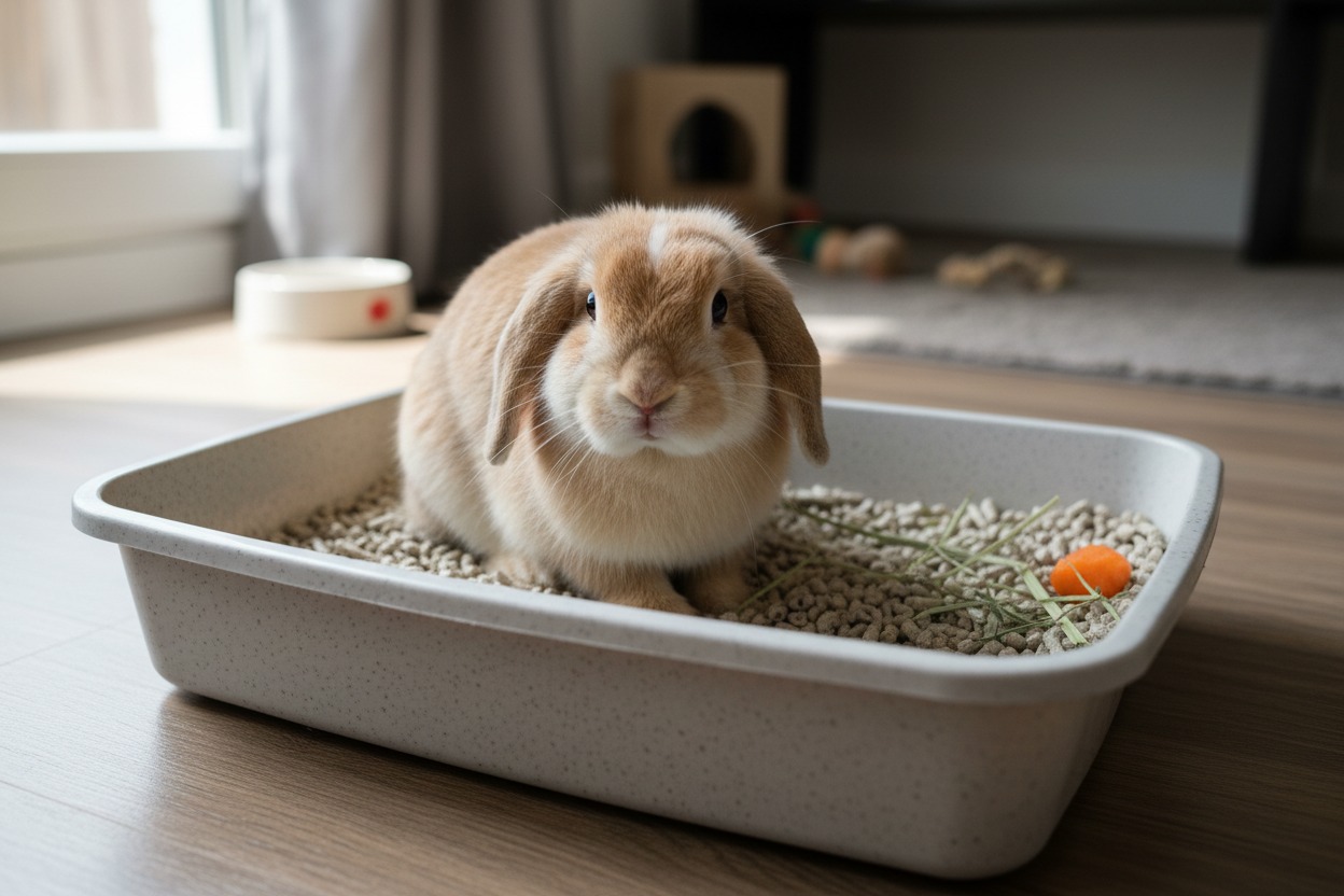 A light brown lop rabbit sits inside a plastic litter box filled with pellets and hay on a wooden floor.