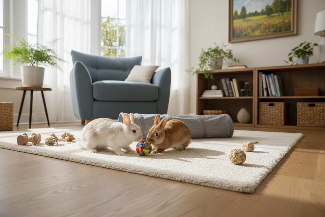Two young rabbits play with a colorful toy ball on a living room rug, with furniture and a window visible in the background.