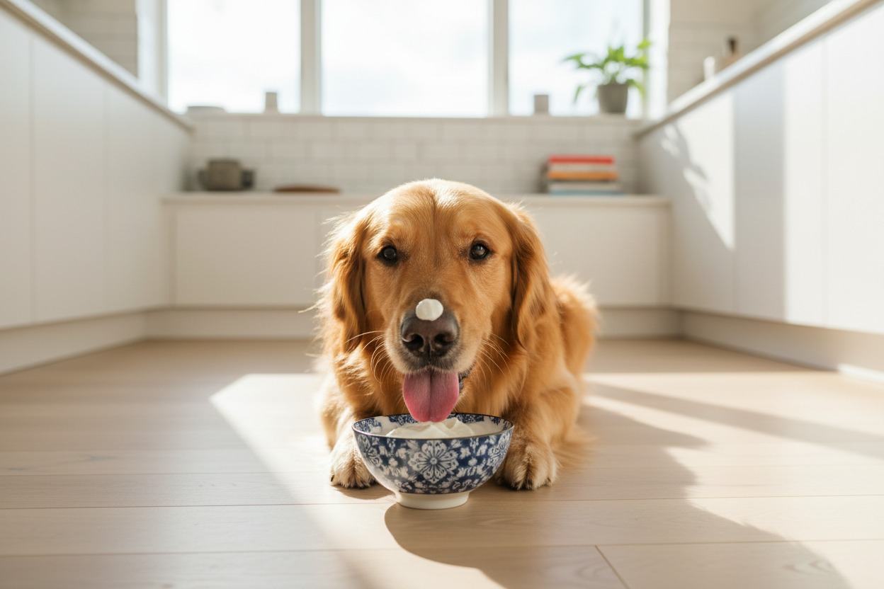 A golden retriever lies on a kitchen floor with a dollop of yogurt on its nose, looking at a blue and white patterned bowl in front of it.