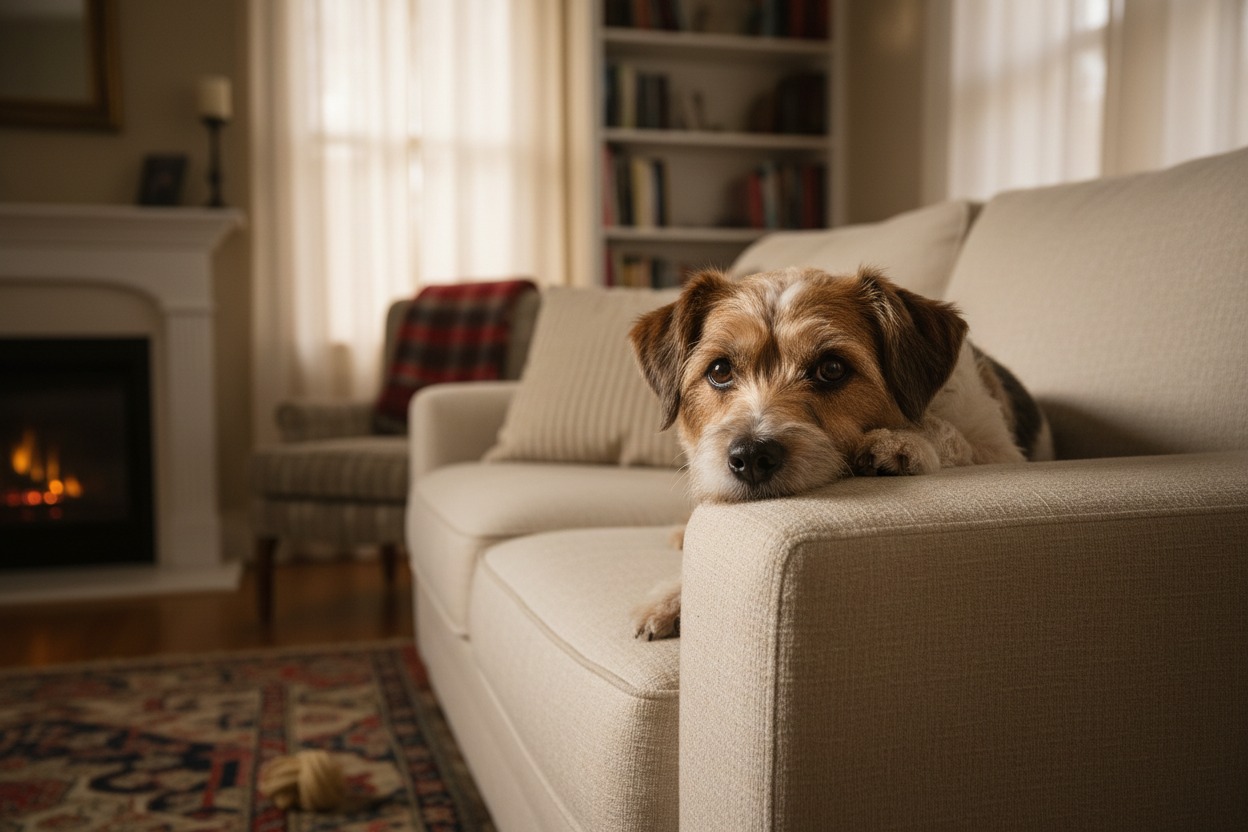 A small, wire-haired terrier mix rests its head on the arm of a beige couch in a cozy living room with a fireplace.